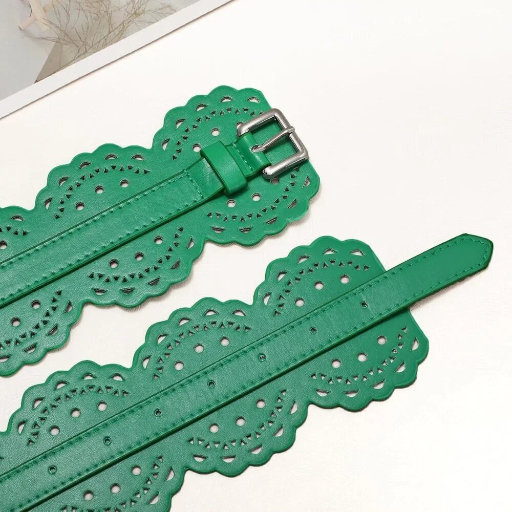 Women's Wide Dresses Chunky Thick Leather Waist Prong Buckle Belts Silver Green